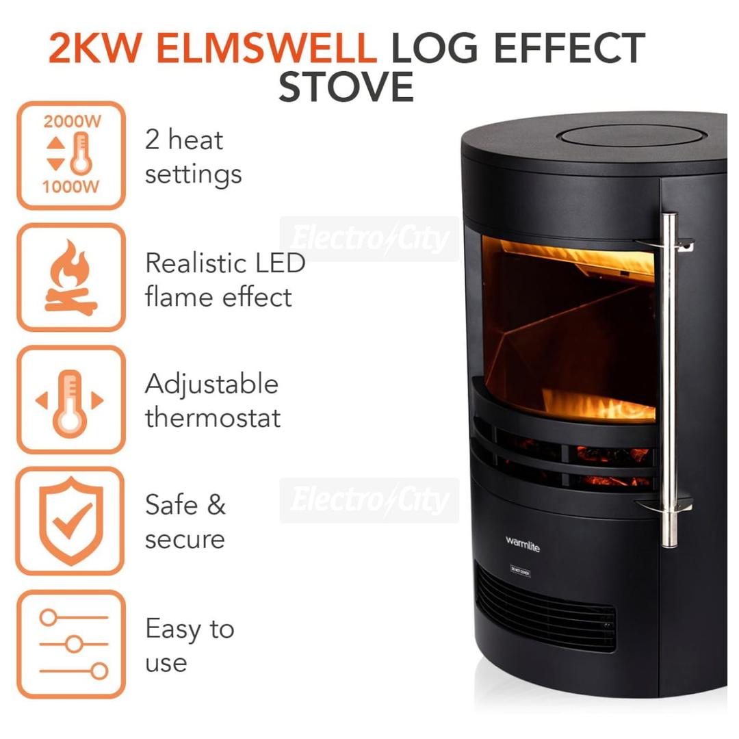 Warmlite Elmswell 2000W Round Contemporary Flame Effect Stove Black with Adjustable Thermostat and LED Flame Effect
