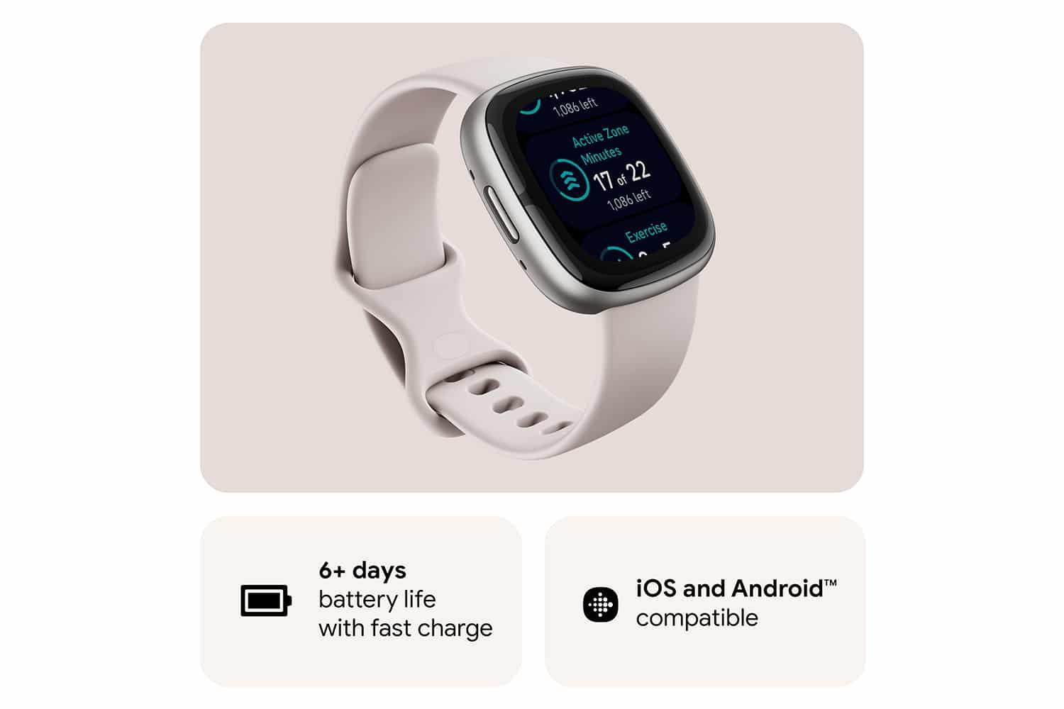 Fitbit Sense 2 Smartwatch Lunar White & Platinum, Sleep Profile, GPS, ECG, Health Metrics, Premium