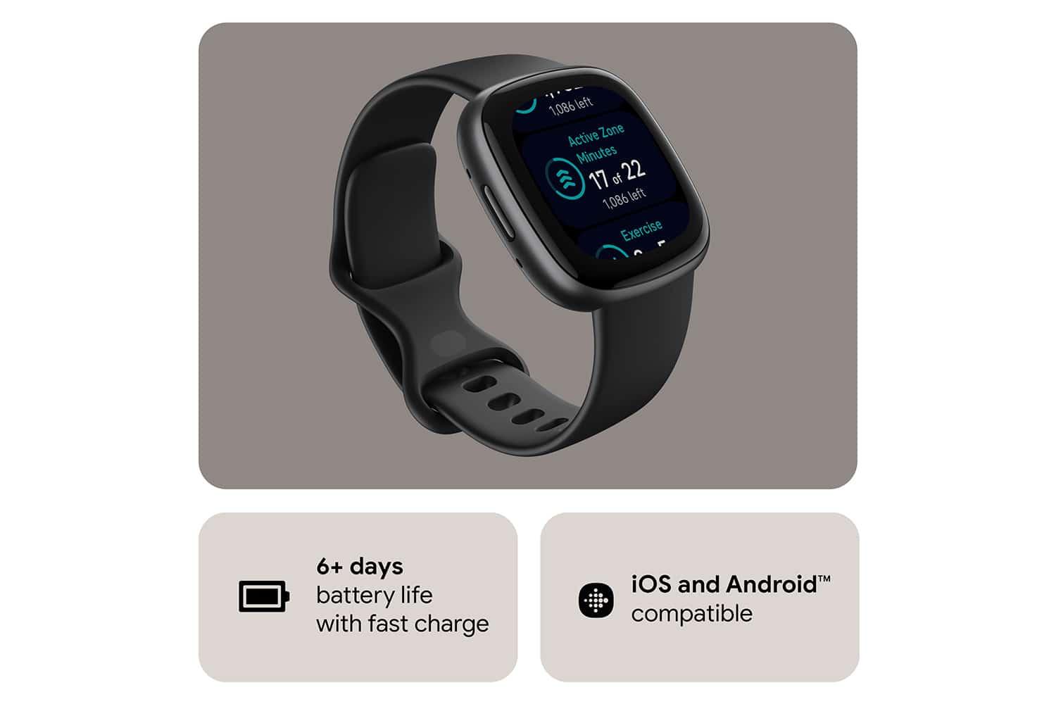 Fitbit Versa 4 Smartwatch Black & Graphite, Heart Rate Tracking, GPS, 6+ Day Battery, Black Watch, Black Band, Touchscreen