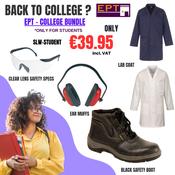 STUDENT BUNDLE INCLUDES PAIR FL1020 SAFETY BOOTS, POLYCOTTON LAB COAT, SAFETY SPECS and  EARMUFFS (COLLEGE BUNDLE SPECIAL OFFER)Please type Shoe and Coat  'size' in the order note at the checkout page
