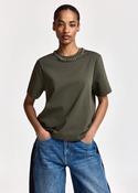 ESSENTIEL ANTWERP Klaim Olive green organic cotton T-shirt with chain-embellished neckline - 1 image