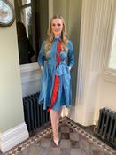Moskada Angela Petrol Blue &amp; Burnt Orange Taffeta Shirt Dress With Frill Detail - 8 image