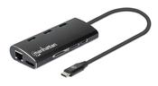 Manhattan USB-C Dock/Hub with Card Reader, Ports (x6): Ethernet, HDMI, USB-A (x3) and USB-C, With Power Delivery (100W) to USB-C Port (Note additional USB-C wall charger and USB-C cable needed), Universal for all devices, Aluminium, Equivalent to DKT30CSD image