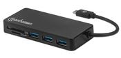 Manhattan USB-C Dock/Hub with Card Reader, Ports (x3): USB-A (x3), 5 Gbps (USB 3.2 Gen1 aka USB 3.0), External Power Supply Not Needed, Universal for all devices, SuperSpeed USB, Black, Three Year Warranty image