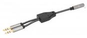 Manhattan Headset Adapter Cable with Stereo Audio Y-Splitter, 3.5mm, Aux, 15cm, Female/2x Male, Splits Single Headset Plug into Microphone and Audio Plugs, Slim Design, Black/Silver, Gold plated contacts and pure oxygen-free copper wire, Lifetime Warranty