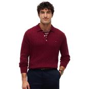 Mens Cable Knit Polo Jumper - Burgundy - XS image