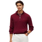 Mens Cable Knit Quarter-Zip Jumper - Burgundy - XS image
