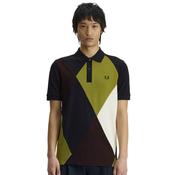 Mens Offset Argyle Cut&amp;Sew Polo Shirt - Black - M