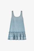 Lightweight Denim Frill Mini Dress in Light Blue Vintage
