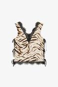 Printed Stretch Satin V Neck Lace Slip Top in Egret