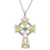 Trinity Knot Diamond &amp;amp; Emerald Silver Celtic Cross Pendant
