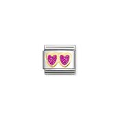 Composable Classic Link Double Heart Fucsia Glitter in 18k Gold