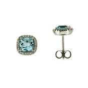 9K White Gold Square Blue Topaz &amp;amp; Diamond Earrings