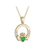 10K Gold Green CZ Heart Claddagh Necklace image