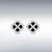 Sterling Silver Rohodium Plated Black Agate And White Cubic Zirconia Stud Earrings image