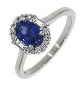 Platinum Oval Sapphire and Baguette Diamond Cluster Ring 0.18Cts