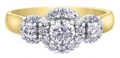 18k Gold Three Stone Halo Round Cluster Ring