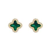 9k Gold Clover Malachite Cubic Zirconia Rimmed Stud Earrings image
