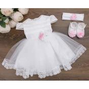 HANDMADE BABY GIRL WHITE/PINK CHRISTENING DRESS &amp; HEADBAND &amp; SHOES SET STYLE AGATHA image