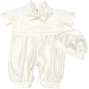 BABY BOY IVORY SATIN CHRISTENING ROMPER &amp; HAT STYLE CR12 image