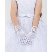 White Short Satin Communion Gloves with Lace G2 image