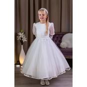 LACE&amp;TULLE PAULA'S WHITE TEA-LENGTH FIRST HOLY COMMUNION DRESS WITH SHEER SLEEVES STYLE PJ-91 image