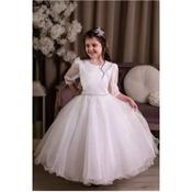 Sweetie Pie White First Holy Communion Dress with Satin Bodice and Mesh Sleeves Style 5035 image