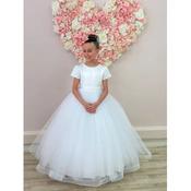Crystal&amp;Pearl White First Holy Communion Dress With Tulle Skirt and Beaded Bodice Style COM051 image