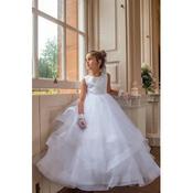 White First Holy Communion Dress with Ruffle Skirt and Pearl Detailing Style COM077 image