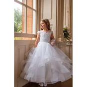 Crystal&amp;Pearl White First Holy Communion Dress With Lace Bodice and Shimmer Ruffle Skirt Style COM080 image