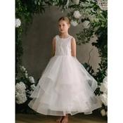 Sleeveless Girls Handmade Ivory First Holy Communion Dress with Floral Waist Detail&amp;Layered Tulle Skirt by TETER WARM STYLE GS85 image