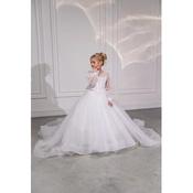 Handmade White Communion Dress with Long Mesh Sleeves and Feathers Style EF01 image