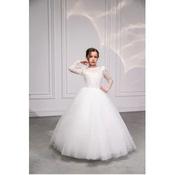 Handmade Ivory First Holy Communion Dress with Long Mesh Sleeves and Pearl Skirt Style EF12 image