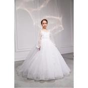 Handmade White First Holy Communion Dress with Mesh Long Sleeves and Shimmer Skirt Style EF14 image