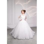 Handmade White First Holy Communion Dress with Long Mesh Sleeves and Train Style EF17 image
