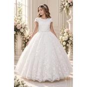 Stunning White Handmade Dress with Embroidered Glitter Skirt and Diamond Neckline Style T-306 image