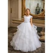 Crystal&amp;Pearl White First Holy Communion Dress with Ruffle Skirt and Plain Bodice Style COM082b image