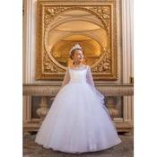 Crystal&amp;Pearl White First Holy Communion Dress Long Sleeves and Shimmer Skirt Style COM098c