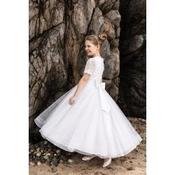 Paula's White Floral Lace&amp;Sparkle Tule Tea Length First Holy Communion Dress with Lace and Glitter Skirt Style PJ-104