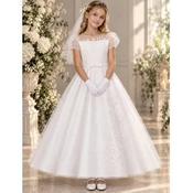 Paula's White Floral Embroidered Tea Length First Holy Communion Dress with Sheer Puff Sleeves Style PJ-114