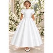 PAULA'S WHITE SATIN PEARL TRIM&amp;PUFF SLEEVES TEA-LENGTH FIRST HOLY COMMUNION DRESS STYLE PJ-112
