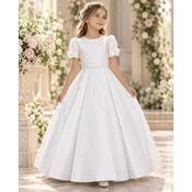 PAULA'S EXCLUSIVE WHITE SATIN PEARL TRIM&amp;PUFF SLEEVES TEA-LENGTH FIRST HOLY COMMUNION DRESS STYLE PJ-31-FA