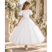 Paula's White Satin&amp;Tulle First Holy Communion Dress With Pearl Details and Triple Bows Style PJ-116