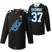 Men's Carolina Hurricanes #37 Andrei Svechnikov 2022 Black Warm-up Stitched Jersey image