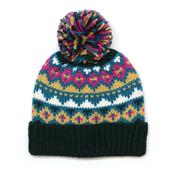 Valentina Dark Green, Camel and Pink Mix Pattern Knit Bobble Hat image