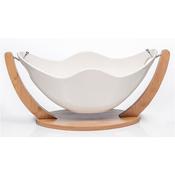 White Ceramic Fruit Bowl with Wooden Stand – Modern Gift Set