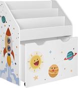 White GKR41WT Toy Shelf, Bookcase for Kids, Nursery Shelf with 3 Compartments and Pull-Out Toy Box with Wheels, Toy Organizer