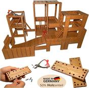 The basic set includes 160 building blocks, tongs, and pins. It is a flexible children's construction toy made of organic plastic and 50% wood. image