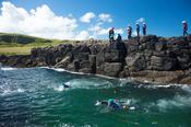 Coasteering at the Sloc, Dunseverick, Causeway Coast, Country Antrim, Northern Ireland.