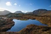Bog pool on the Loughermore ridge above Glencorbet, Twelve Bens, Connemara, County Galway, Ireland.